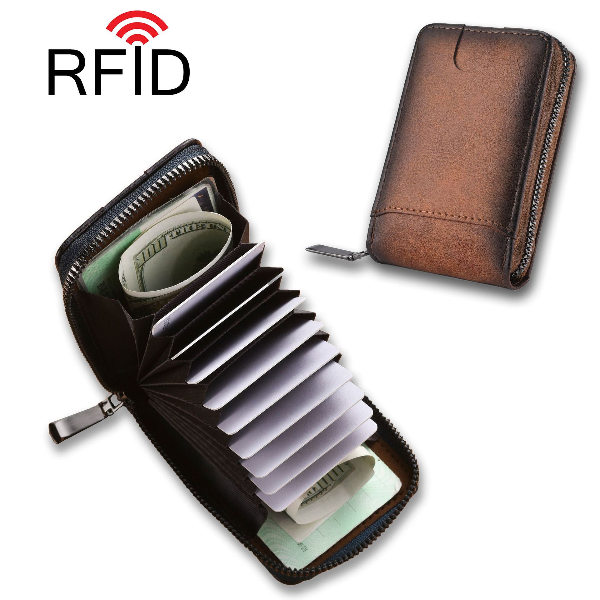 Ретро мужской держатель для карт антивандальный RFID с несколькими карманами для карт кошелек с молнией оптовая продажа большой емкости монетница