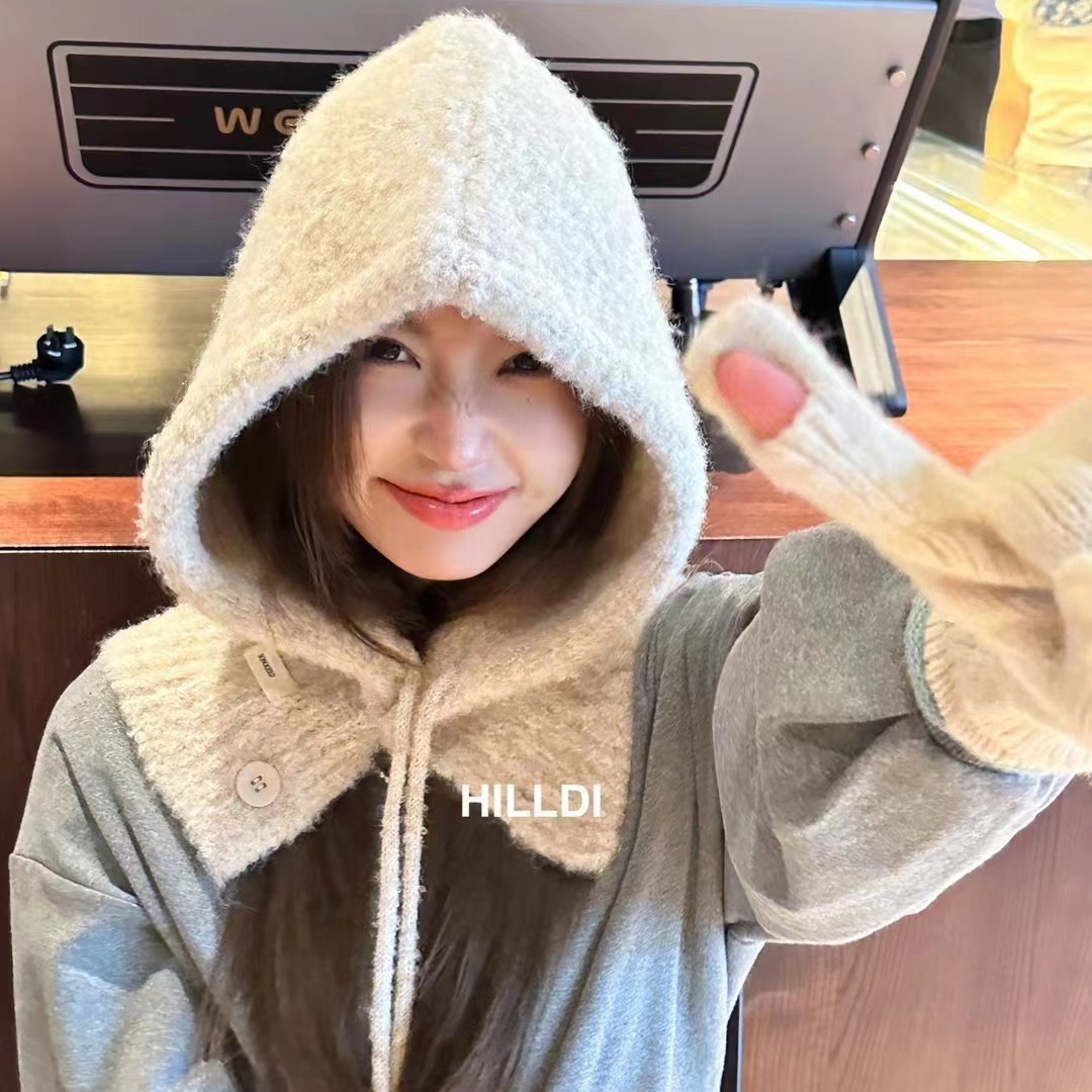 Балаклава из Южной Кореи женская зимняя теплая шапка с капюшоном вязаная шершавая шапка