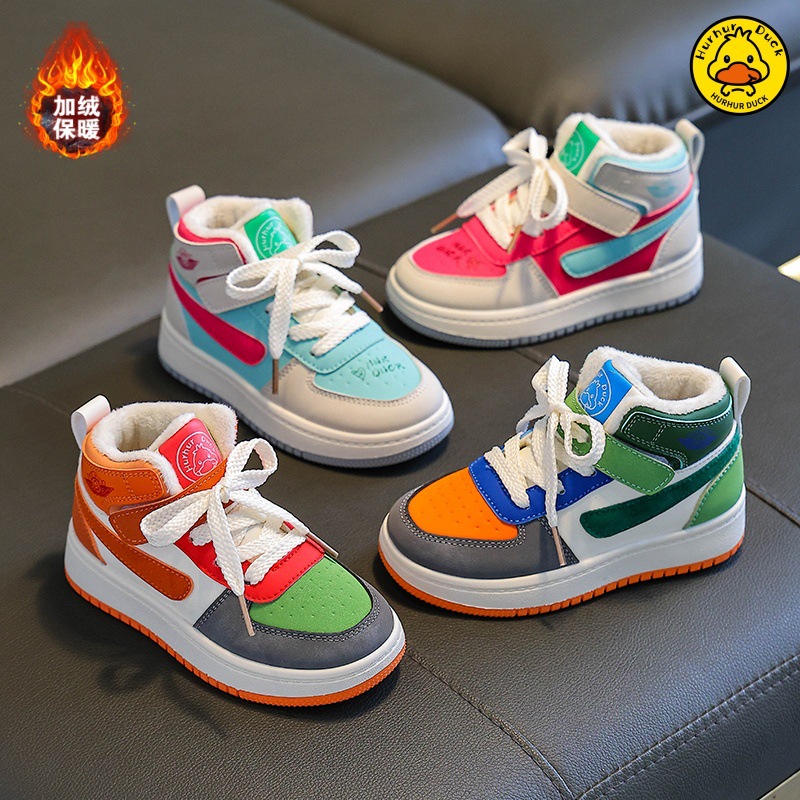 Girls' High-Top Cotton Shoes, Winter Velvet Thickeneded Sports Shoes, Leather Waterproof Student Sneakers, Kidsren's Warm Winter Shoes