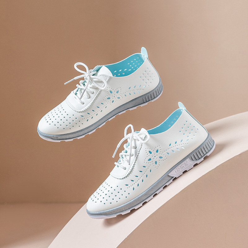 Cross-Border New Women's Shoes, Hollow Breathable Leather Shoes, Summer Comfortable and Cool Women's Slip-On Mom's Shoes, Casual and Versatile