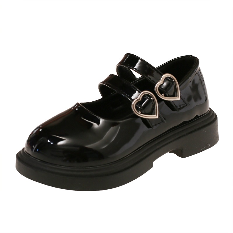 Girls' Black Shiny Leather Student Shoes 2025 Spring and Autumn New Style for Older Children with Heart Buckle, Small Leather Shoes, Non-Slip Performance Shoes