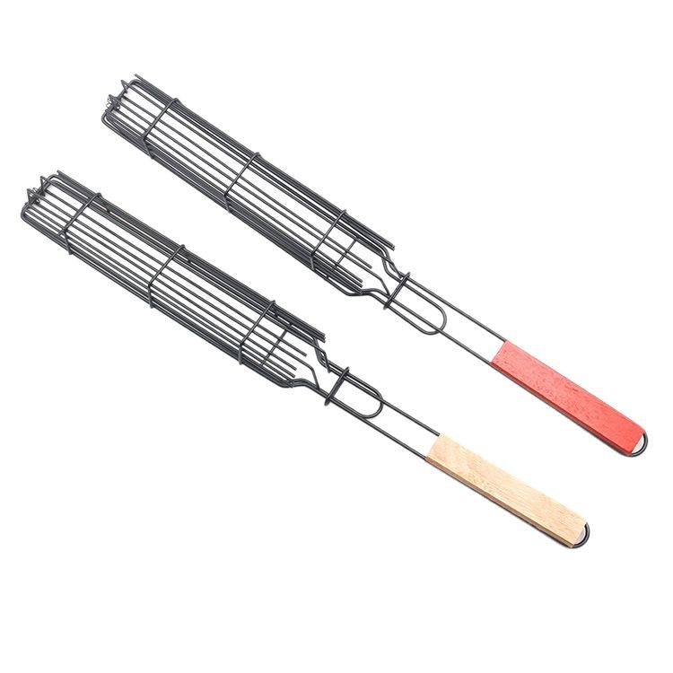 Cross-Border Bbq Grill Mesh Wooden Handle Sausage Barbecue Clip Corn Grill Mesh Clip Hot Dog Ham Grill Outdoor Barbecue Mesh Rack