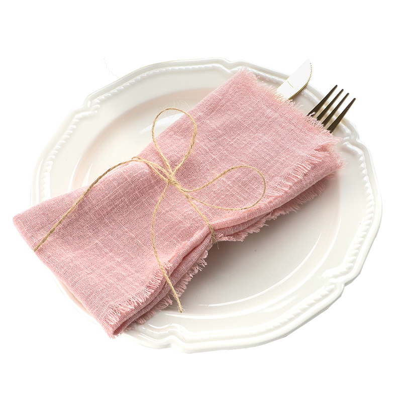 Cross-border Pure Cotton Tassel Rouge Napkin Pleated Square Mouth Cloth Cotton and Linen Cloth Placemats on Western Dining Table