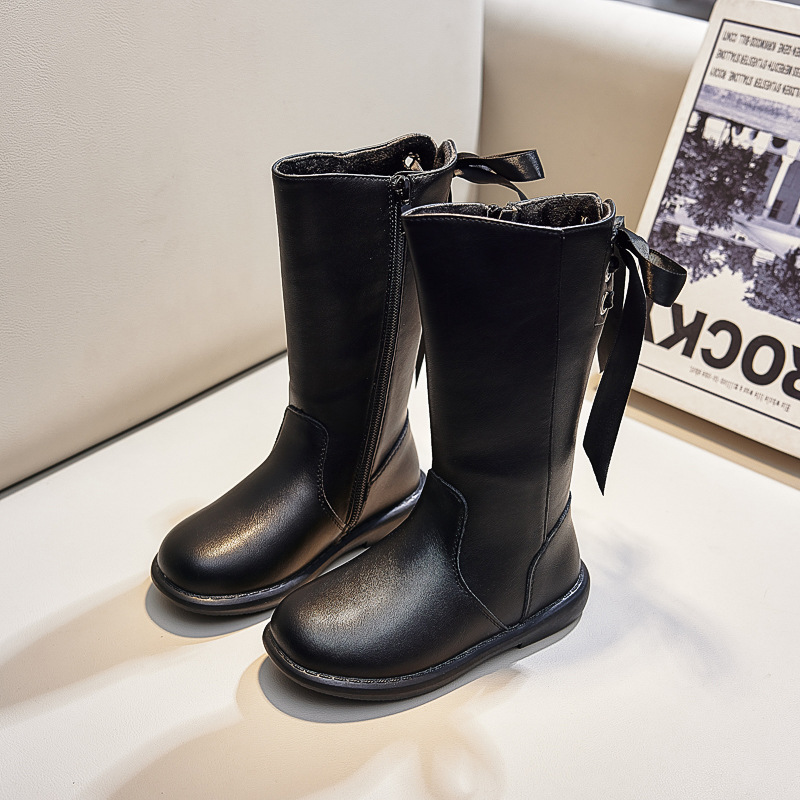 Little Bear 2025 Autumn/Winter Girls' High Cotton Boots with Fleece Lining, Princess Riding Boots, Korean Style Long Boots with Fleece and Thickened Padding