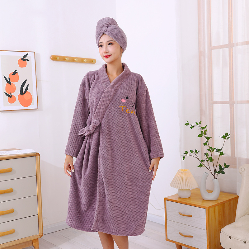 Winter bathrobe women's wearable bath towel coral fleece thickened household cross strap long sleeve bath skirt hair drying hat wholesale