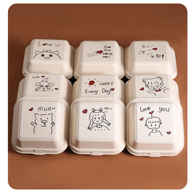 Disposable Paper Pulp Hamburger Box Customizable Environmentally Friendly Degradable Support Printing 4inch 6inch Hamburger Box Food Grade