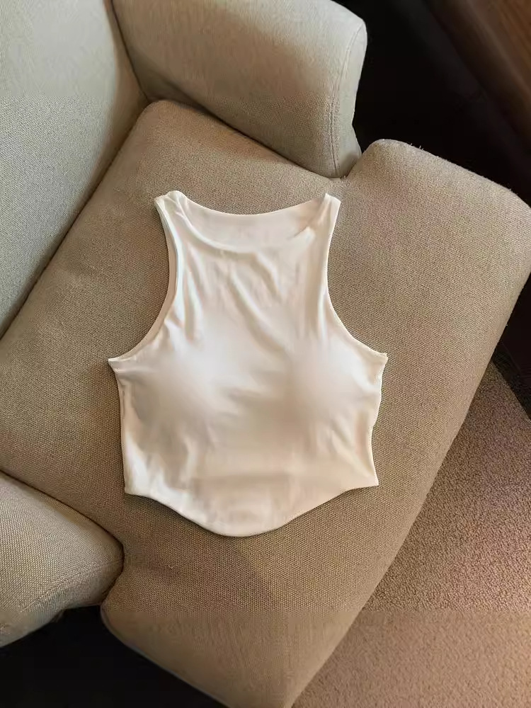 Cross-border American-style Summer Sweet Hot Girl Short Sleeveless Vest with Chest Pad Sexy Beautiful Back Navel Top for Women