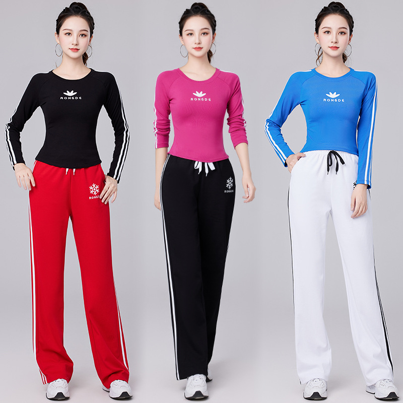 Autumn new sports suit T-shirt top long sleeve rib cotton Yang Liping square dance clothing female dance clothing