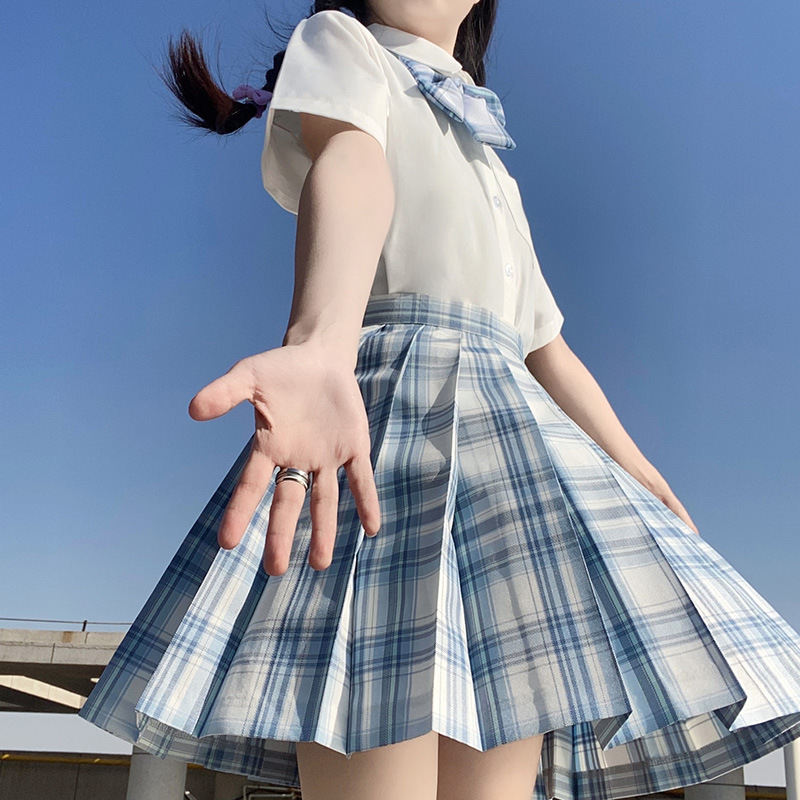 jk uniform skirt autumn basic full set of plaid skirt shirt short sleeve bow tie set full set of Japanese college style