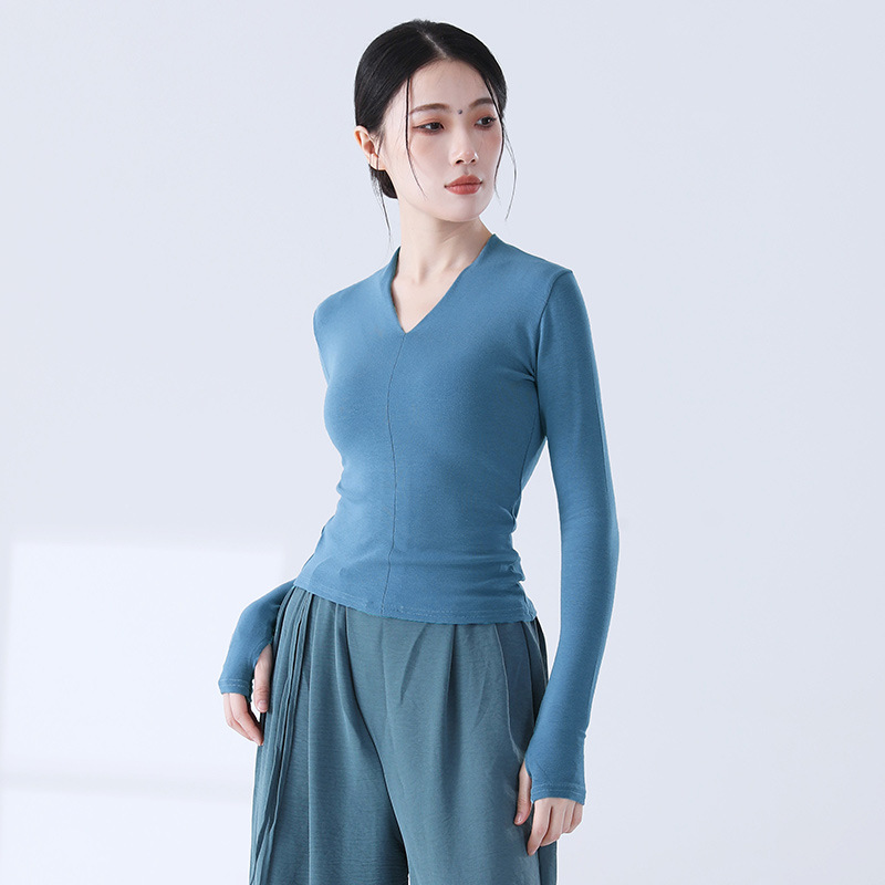 Modern Dance Body Training Suit Slim Temperament V-Neck Long Sleeve Sleeve Finger Chinese Classical Dance Slim Top
