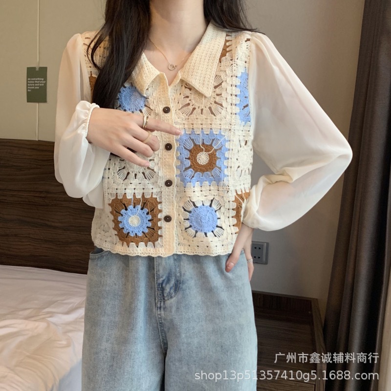 Spring and Autumn New embroidered crocheted lapel thin chiffon shirt women's design sense Chanel style hollow loose shirt top