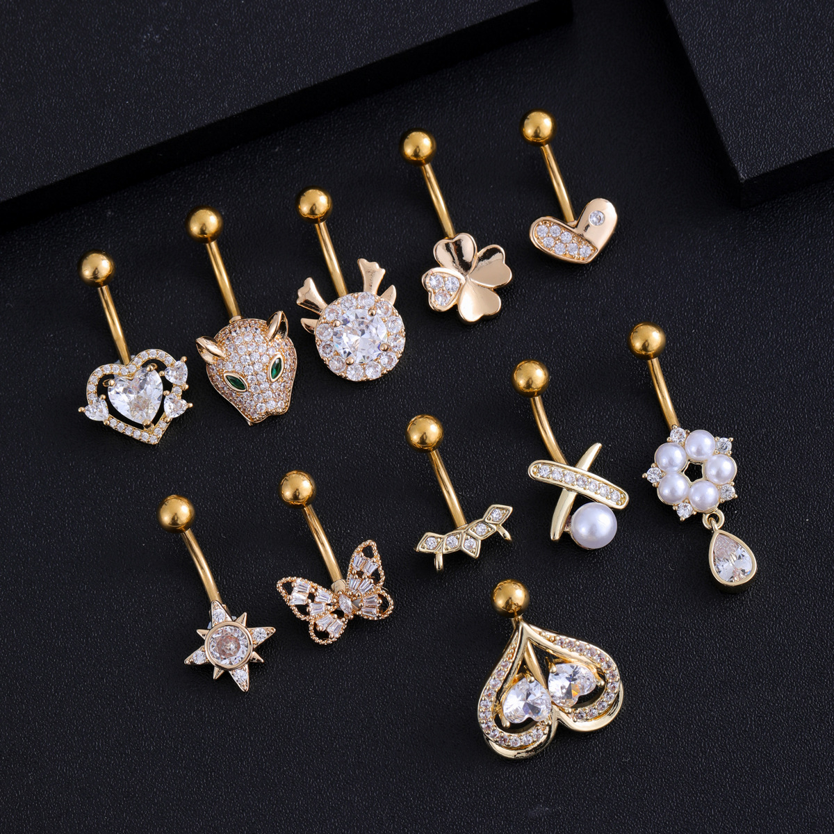 Cross-border e-commerce new stainless steel zircon belly button ring belly button nail butterfly pearl chain belly button online wholesale