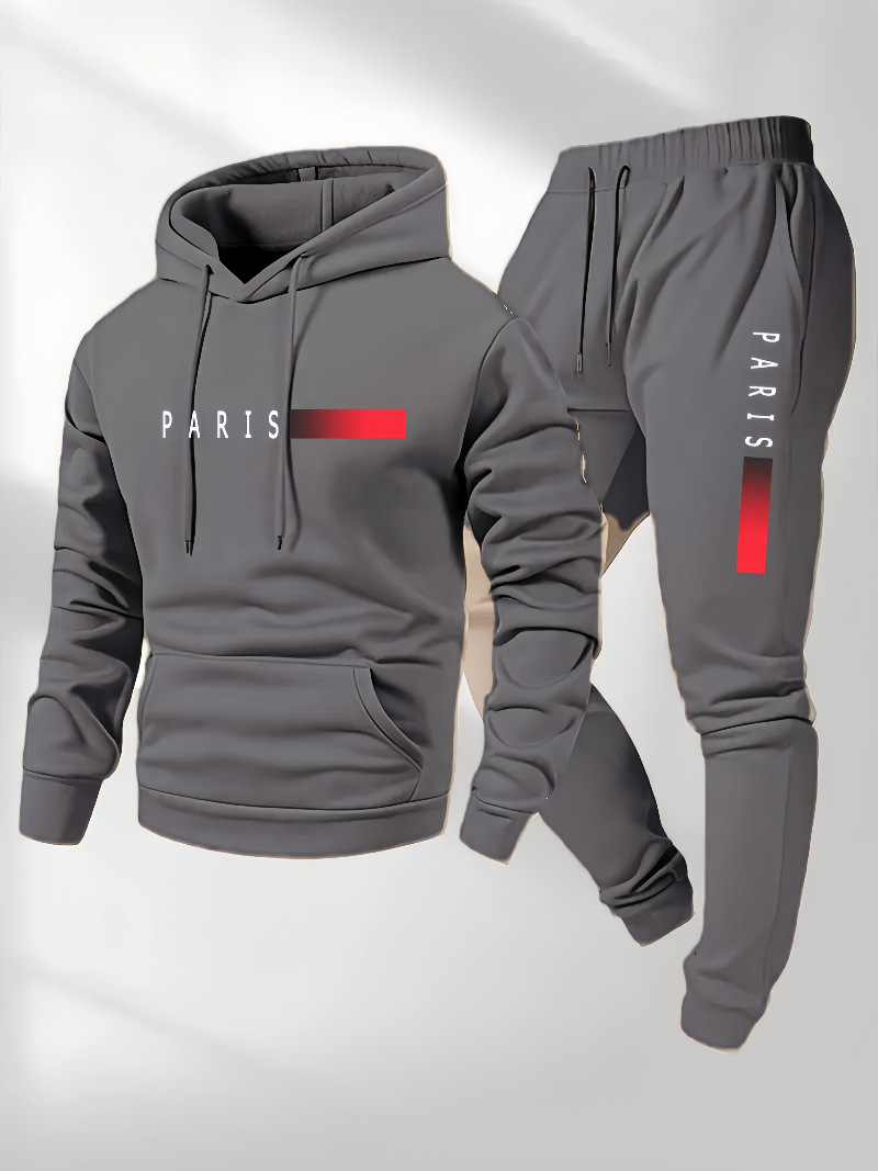 Cross-Border European Size Casual and Fashionable Men's and Women's Paris Letter Printed Hoodie and Drawstring Sports Suit