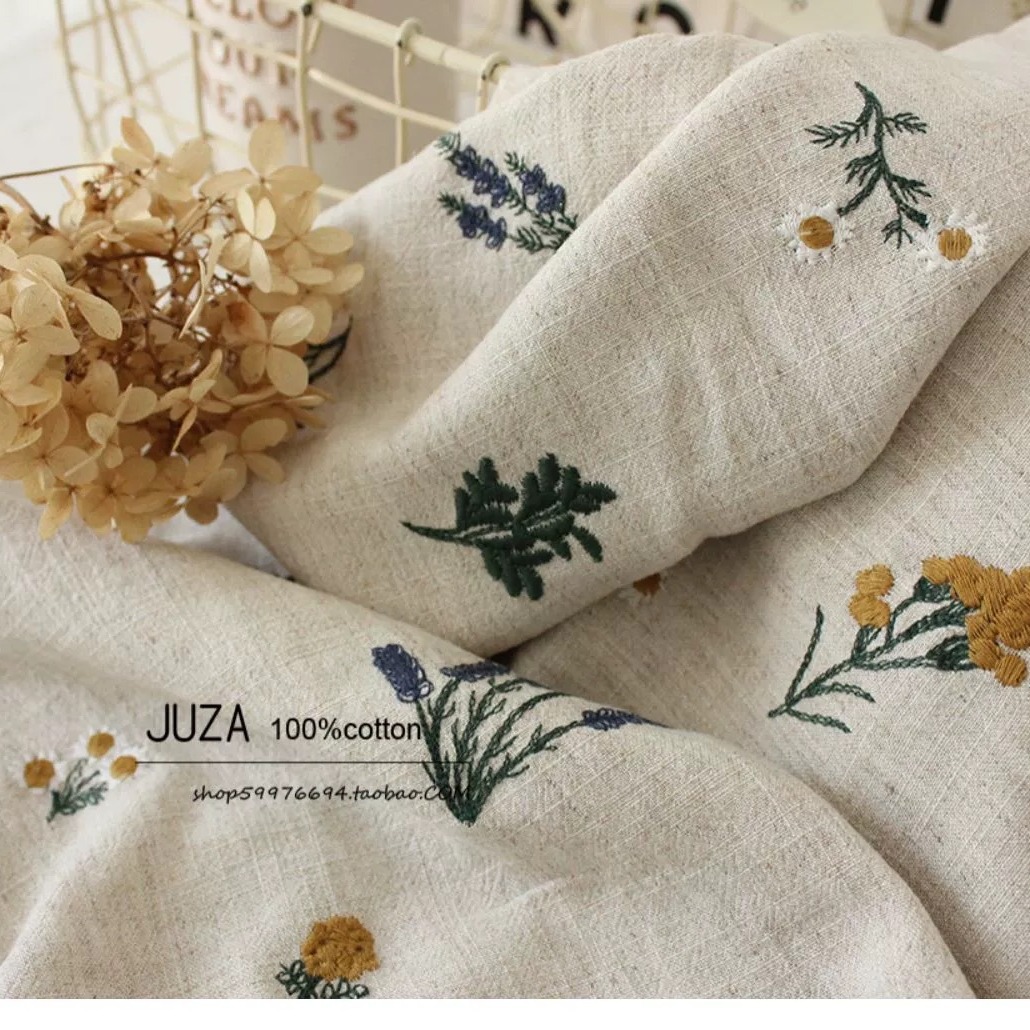 Cotton and Linen Embroidered Fabric Lavender Handmade Fabric Garment Fabric Pastoral Style 2 Colors