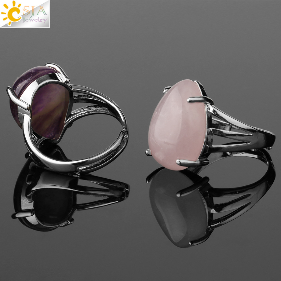 New European and American fashion simple natural stone water drop crystal ring opening adjustable ring jewelry wholesale trade
