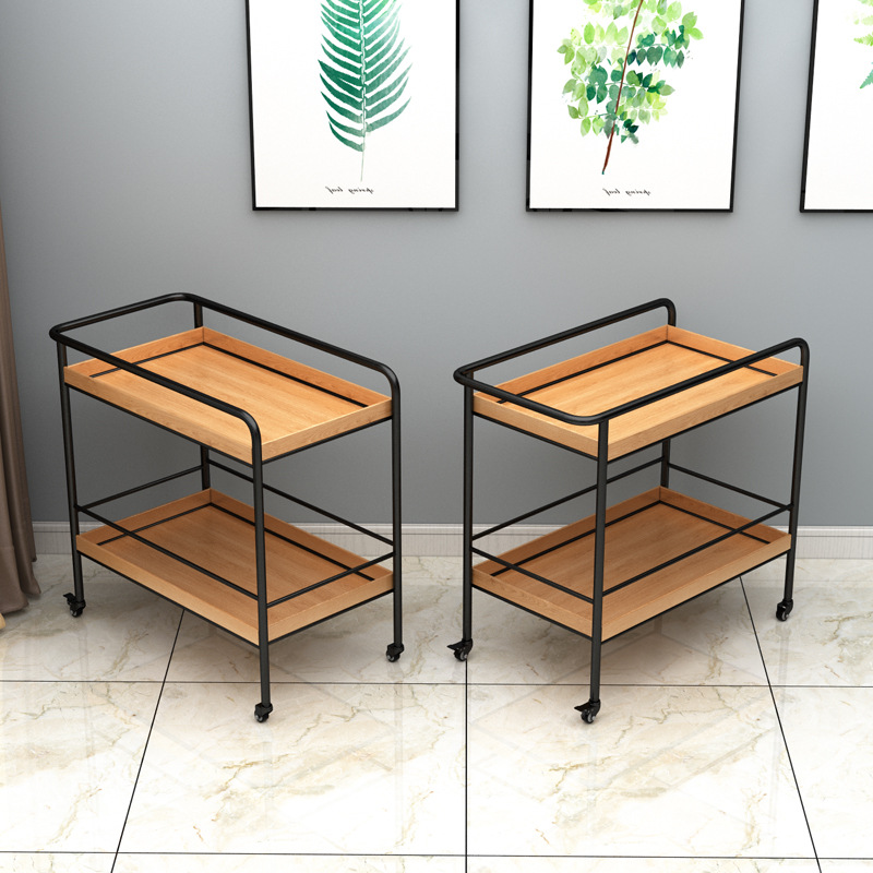 Simple Storage Trolley Modern Iron Mobile Sofa Side Table Living Room Kitchen Rack Dining Car Vintage Solid Wood