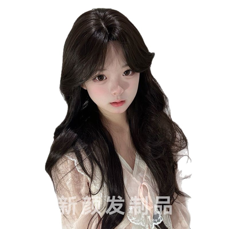 New Yan Wig [Heart Ruth] Eight-character Bangs Black Tea Color Internet Celebrity Long Curly Hair Temperament Natural Full Headgear
