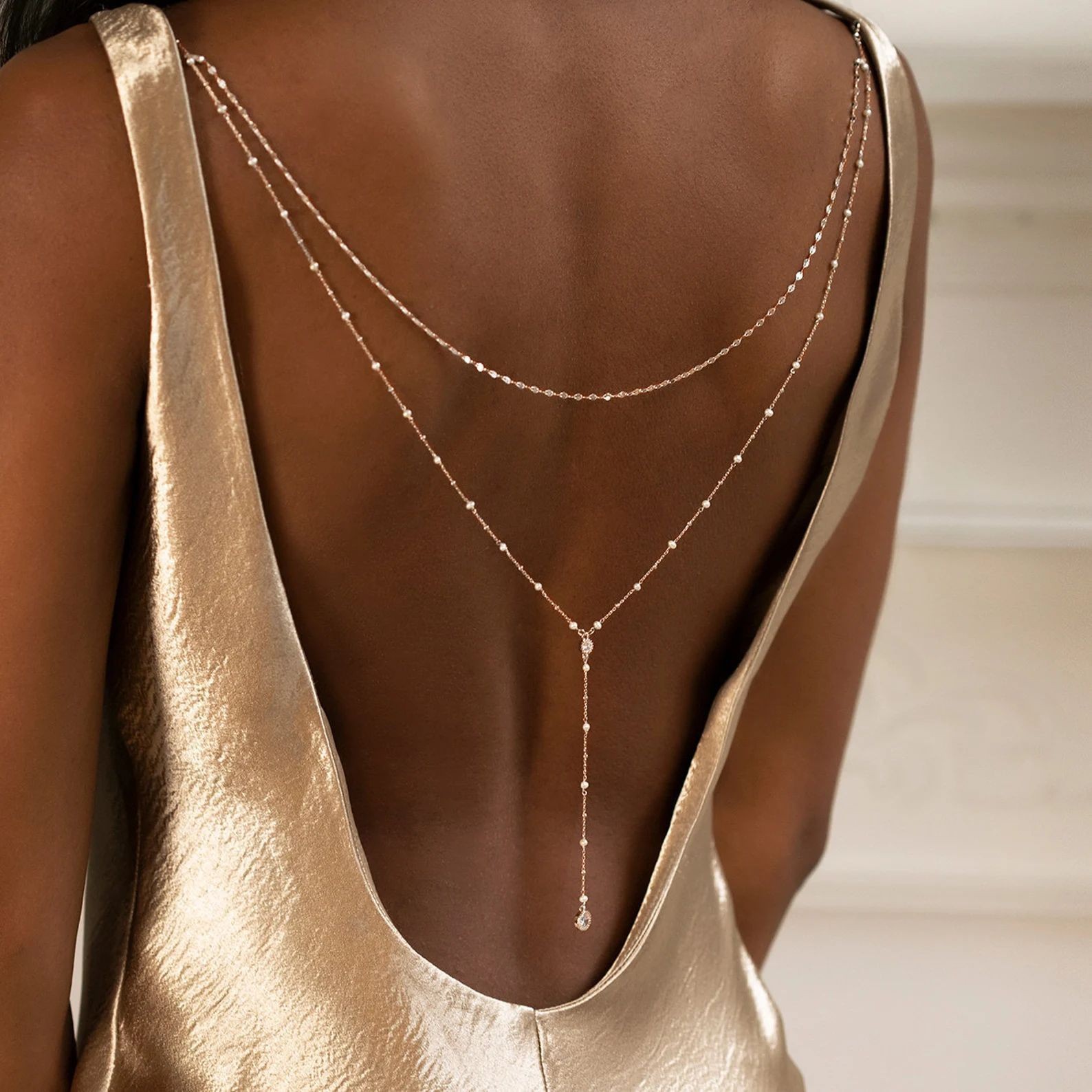 New Double-Layer Back Chain Simple Rhinestone Pendant Back Chain Bridal Dress Body Chain Accessories Back Chain