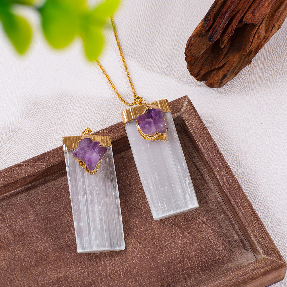 Подвеска с аметистом в виде кластера из белого гипса Amazon, длинная подвеска в форме кристального столба, европейские и американские украшения, аметистовая подвеска, кросс-бодер