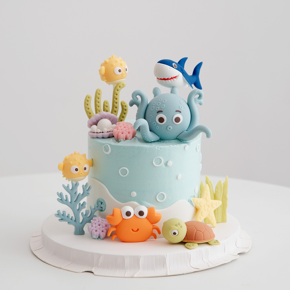 Ocean Cake Decoration, Ocean World Theme Decoration, Octopus, Porcupine, Shark, Whale, Seaweed, Crab, Shan