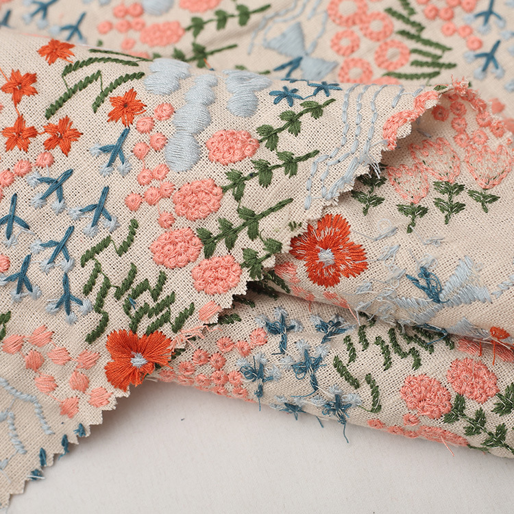 Factory supply handmade ins Wind Yukou Mei Zi flower sea embroidery fabric bamboo cotton linen DIY handmade bag fabric