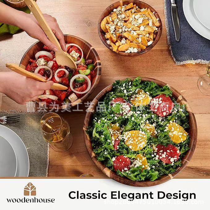 Solid Wood Fruit Salad Bowl Home Kitchen Solid Wood Tableware Acacia Wood Mixing Wooden Bowl Vegetable Wooden Round Rice Bowl