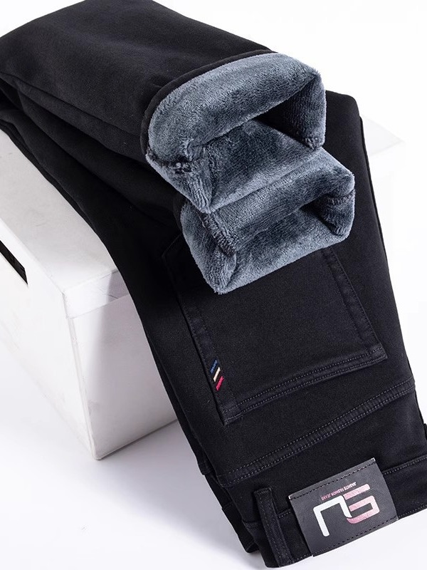 Fleece-lined thick jeans men's winter New straight loose autumn and winter casual stretch long pants men's