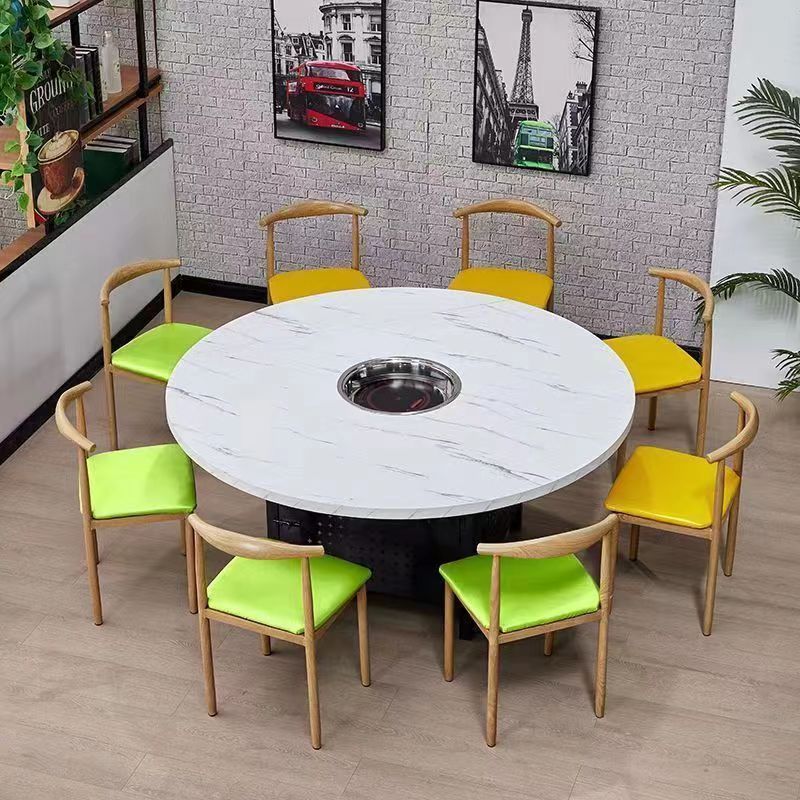 Imitation Marble Pattern Hot Pot Table Round Commercial Dining Table Barbecue Haidilao Hot Pot Restaurant Integrated Combination Hot Pot Table