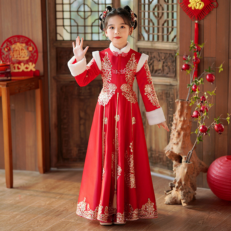 Girls' hanfu Chinese style winter fleece-lined children's New Year greeting clothes Tang suit red ancient costume dress little girl's skirt