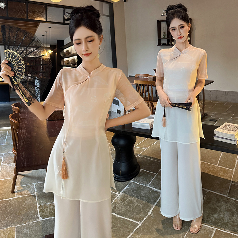 Foot Bath Health Hall Technician Work Clothes Ear-picking Tea Artist Soft Work Clothes National Style Chinese Gradient Printing Long Pants