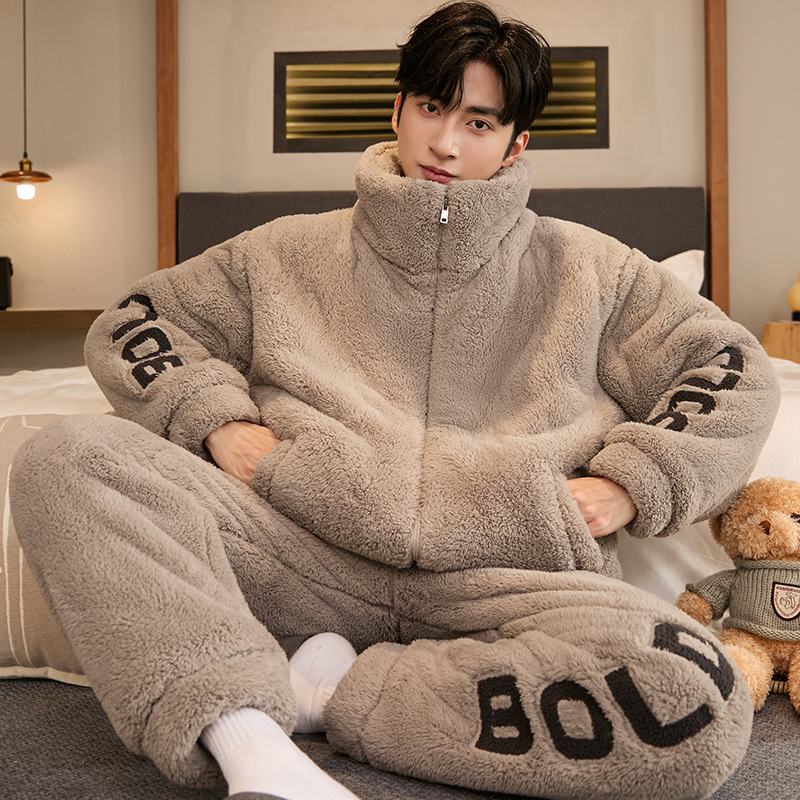 Pajamas for Men Winter Coral Velvet Thickeneded Fleece-Lined Large Size Autumn and Winter Men's Youth High School Students and Older Children's Suits