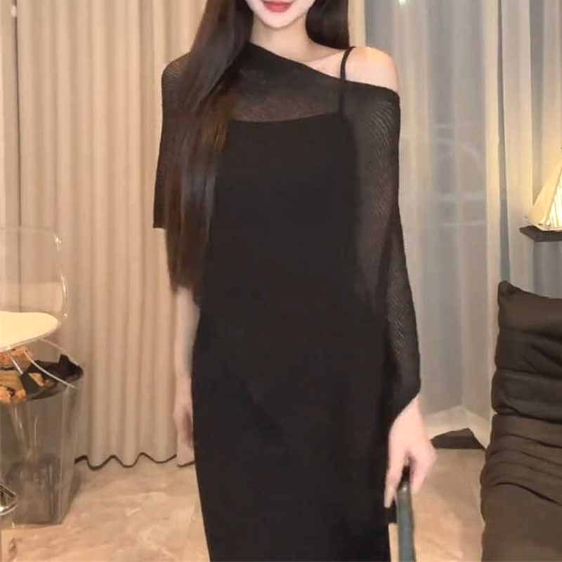 Designed Asymmetrical Cape Shawl Sun Protection Shirt for Women Spring and Summer Loose Lazy Thin Ice Silk Knitwear Top