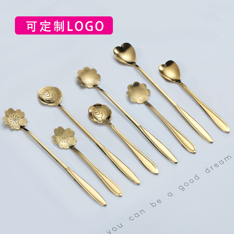 Stainless Steel Coffee Spoon Rose Heart-Shaped Cherry Blossom Long Handle Stirring Small Spoon Golden Bird's Nest Wedding Souvenir