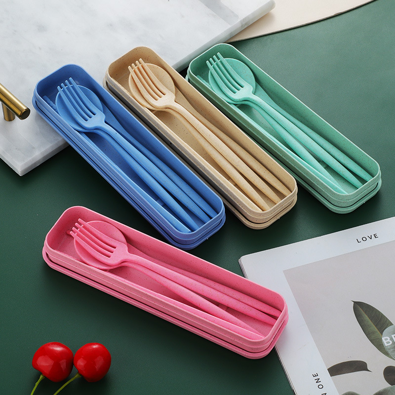 Cross-border direct supply of wheat straw Portuguese tableware set knife fork spoon chopsticks storage box outdoor travel portable tableware