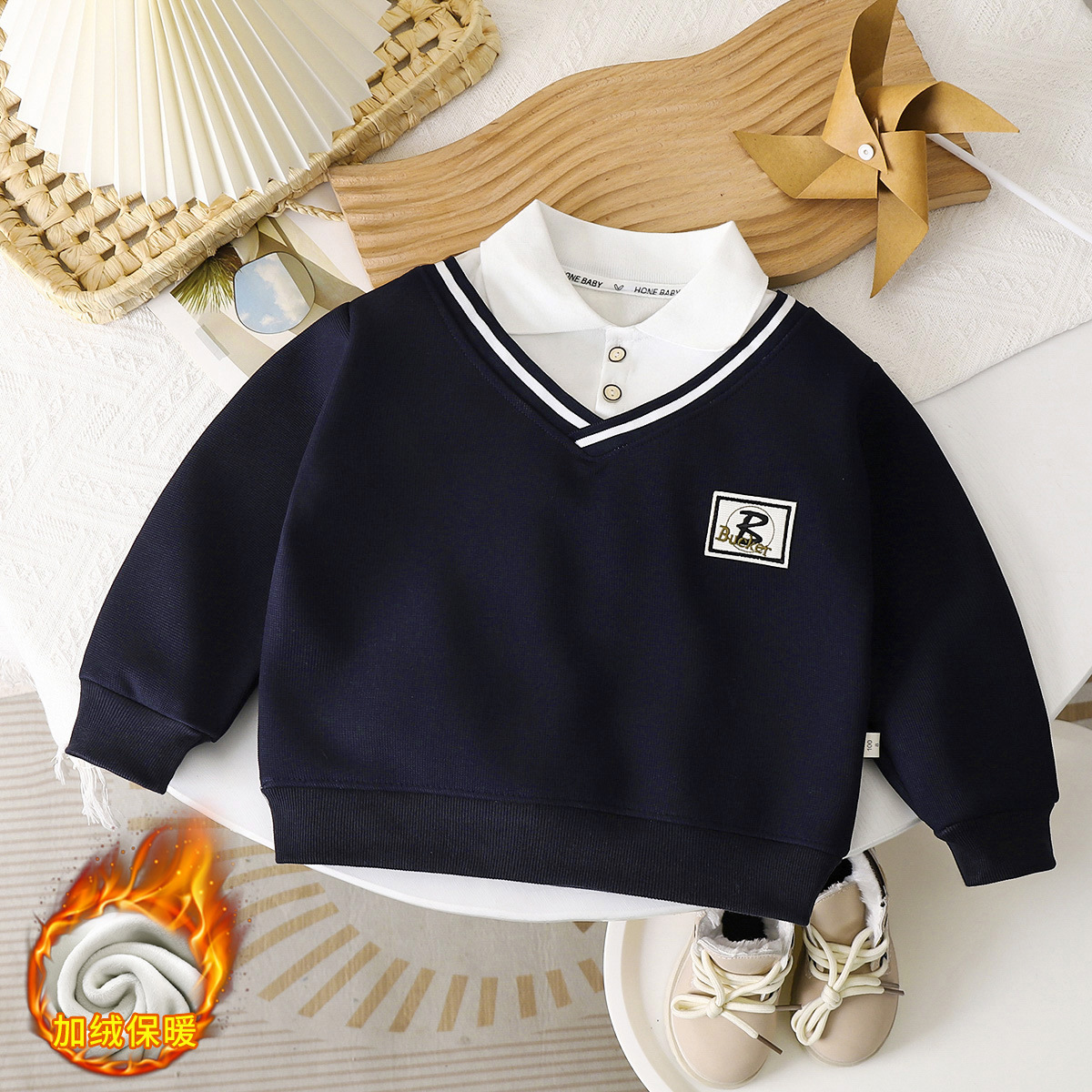 Autumn and Winter fleece-lined Boys Lapel POLO Shirt New Thickened Sweater British Style Fake Two-piece All-match Fashion for Middle and Big Children