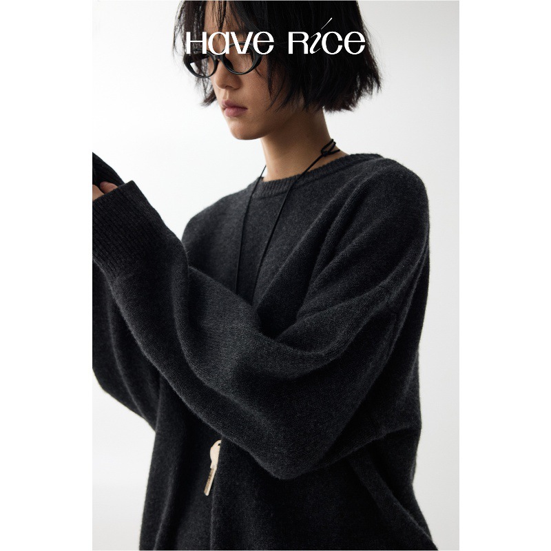 Haverice Restaurant Blues Moment Wool Style Korean Casual Loose Easiest for Match Round Neck Sweater