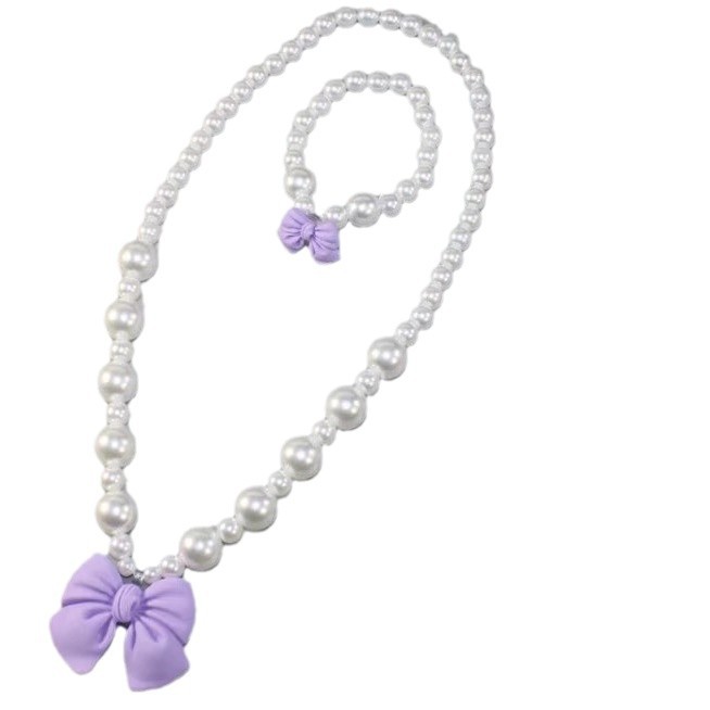 Children's pearl necklace suit big bow ponytail hairpin top clip girls necklace ear clip ring jewelry wholesale
