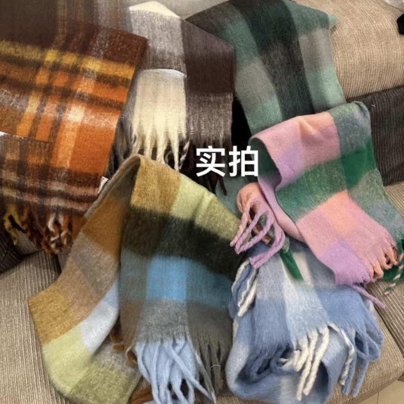 Autumn and Winter New Thickened Warm Rainbow-Colored Plaid Scarf European and American Loop Yarn Thick Tassel Color-Blocking Shawl