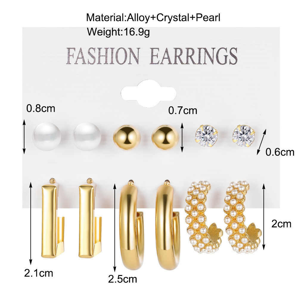 European and American Style Metal Earrings Square Geometric Earrings Retro Pearl Earrings Hepburn Style Earrings Set 6 Pieces