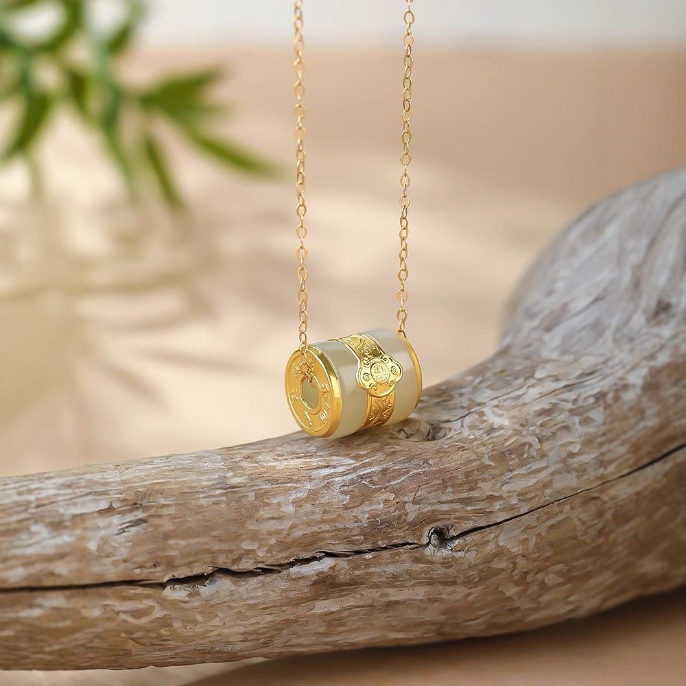 Gold Inlaid Jade Passepartout Pure Gold Hetian Jade Transfer Bead Necklace Pendant Douyin Kuaishou Gold Store Welfare Product Live Broadcast