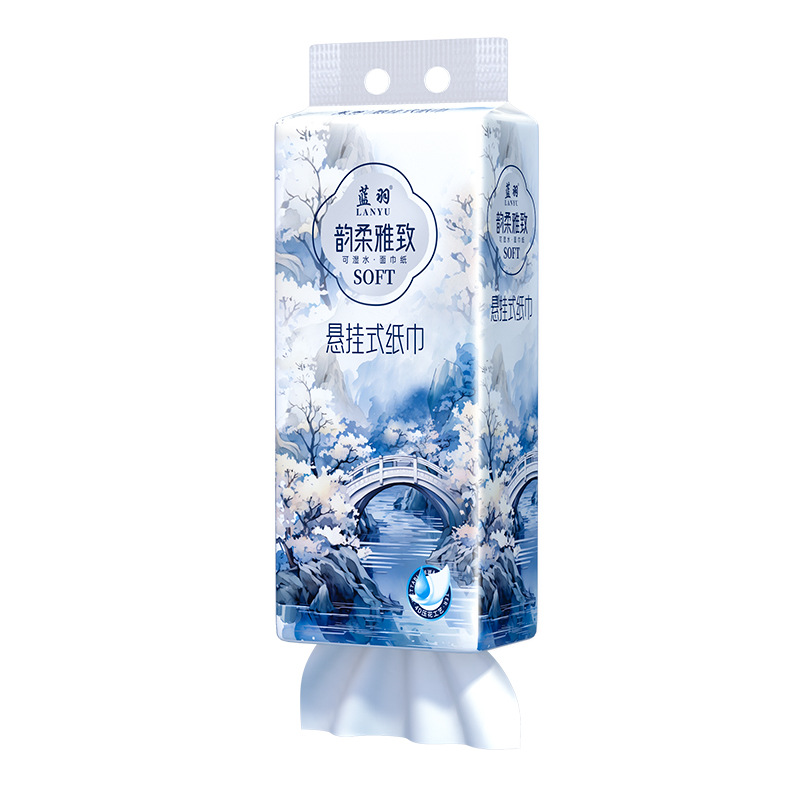 Large Size Hanging Toilet Paper Towels for Home Use, Blue Feather Clear Flower Rain, 12 Packs Wholesale Box with Bottom Pull
