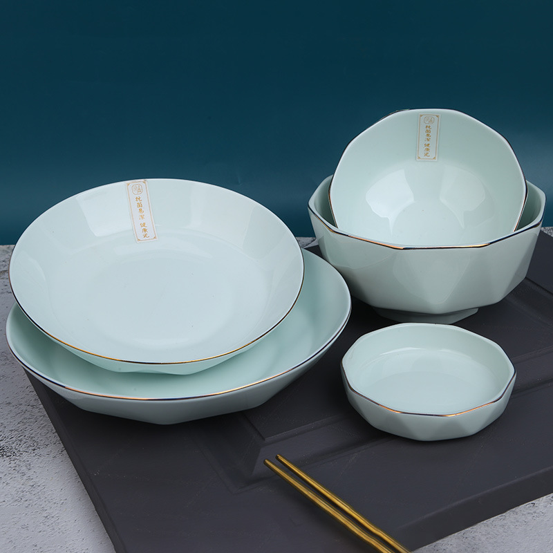 Blue Gold Series Ceramic Light Luxury Tableware Household Rice Bowl Neem Bowl Gold Ceramic Tableware Green Glazed Porcelain Bowl Set