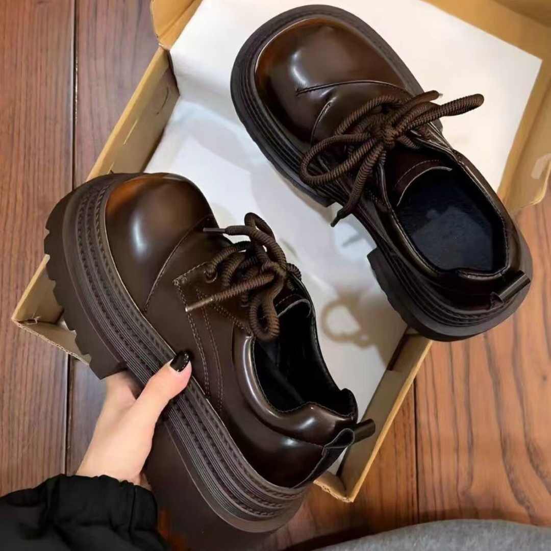 Retro British Style Big-Toe Small Leather Shoes for Women 2025 Spring New Thick-Soled Versatile Lace-Up Loafers Height-Increasing Shoes