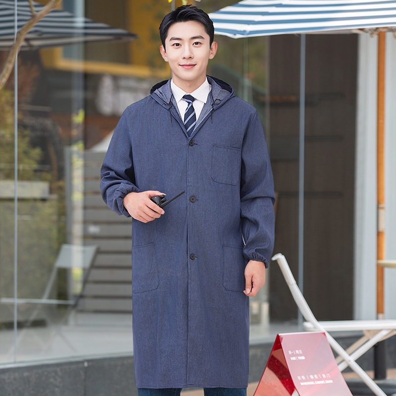 Denim hooded gown men's and women's labor protection clothing dustproof and stain-resistant blue gown thickened work clothes Denim labor protection gown