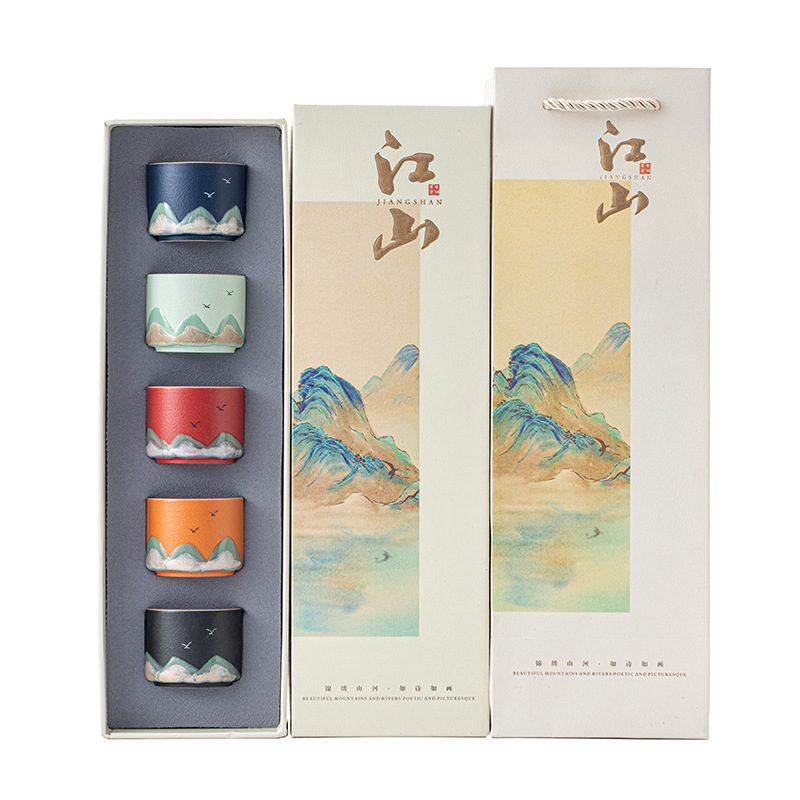 Cultural and Creative Tea Set Cup Set Hand-Painted Qianli Jiangshan Gift Box for Customers Gifts Souvenirs Ready-Made Gifts with Logo