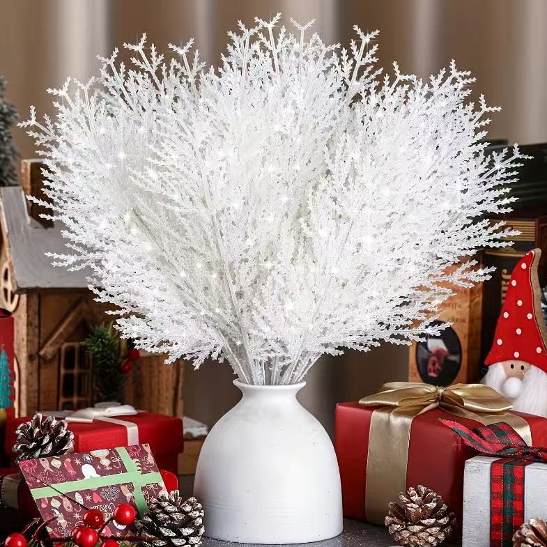 Christmas Fake Green Plant Pine Leaf Branches Artificial Pine Branches DIY Christmas Tree Decoration Accessories B403 White
