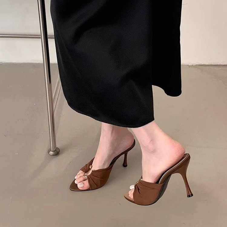 High Heels for Women 2025 Summer New Style Pleated Metal Buckle Elegant Pointed Toe Open Toe Sandals Sexy Stiletto Slippers