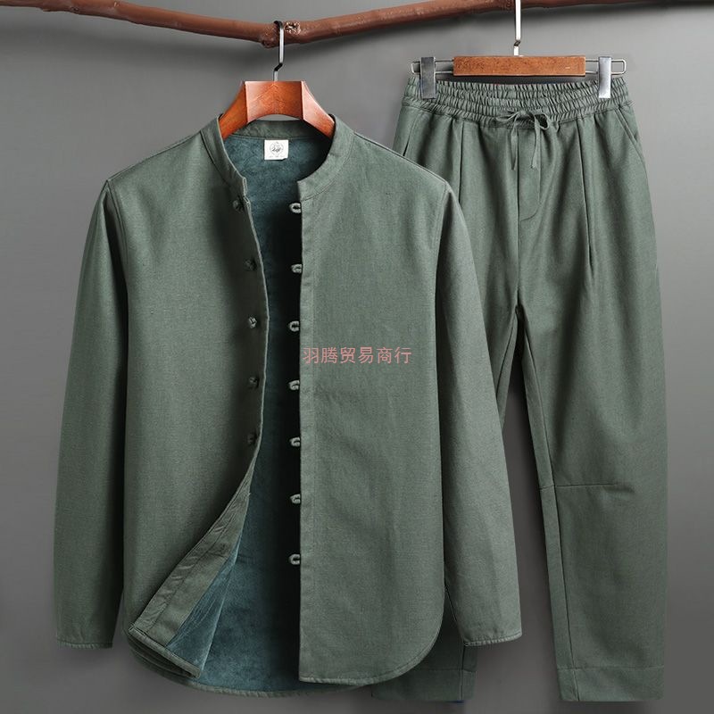 Tang Suit Men's Autumn and Winter Velvet Thickeneded Suit Chinese Retro Buttoned Stand-Up Collar Long-Sleeved Cotton and Linen Bottoming Shirt Jacket