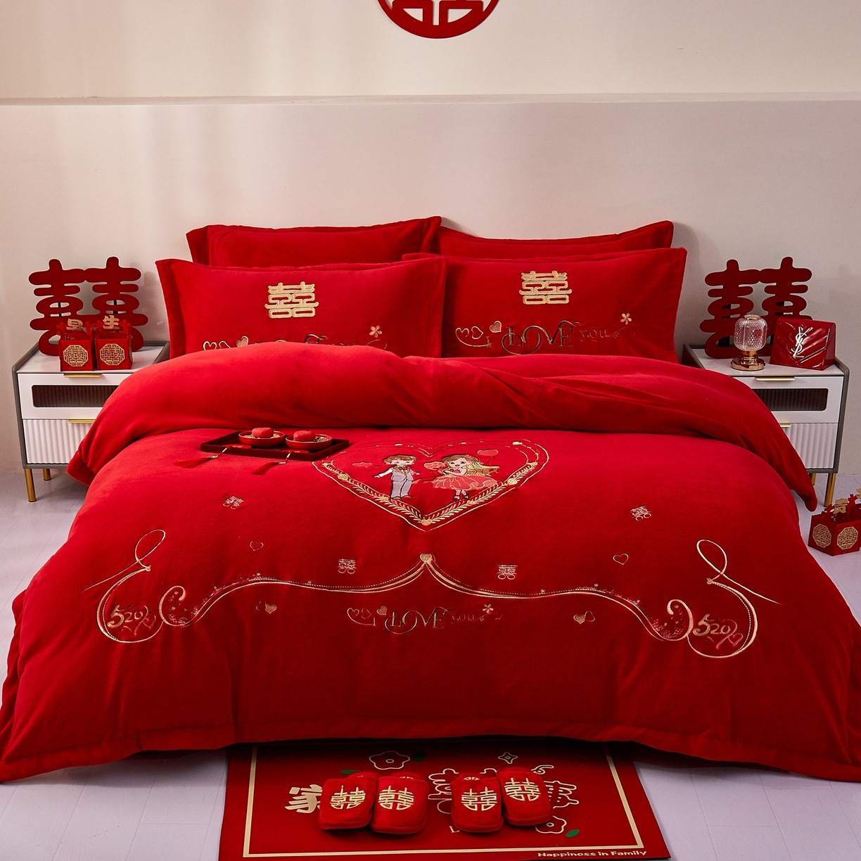 Milk Velvet Wedding Four-Piece Set Winter Coral Velvet Red Wedding Bedding Thickened Lace Style Duvet Cover Bed Sheet