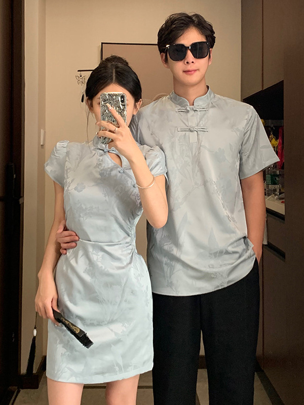 New Chinese-Style Freesia Couple Outfit, National Style Improved Jacquard One-Piece Dress, Short Waist-Cinching Stand-Collar Cheongsam Dress